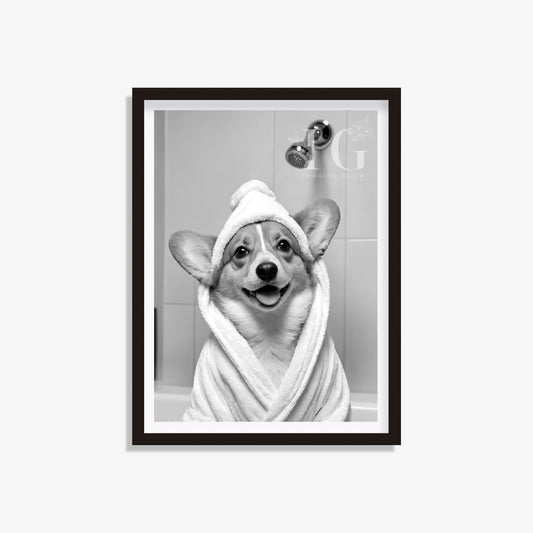 Welsh Corgi dog in bathrobe printable for fun bathroom decor