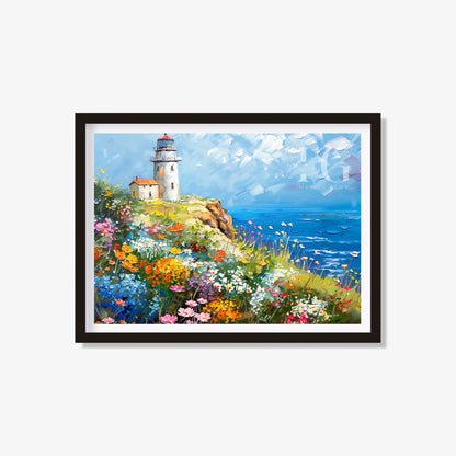 Printable lighthouse art with coastal wildflower landscape