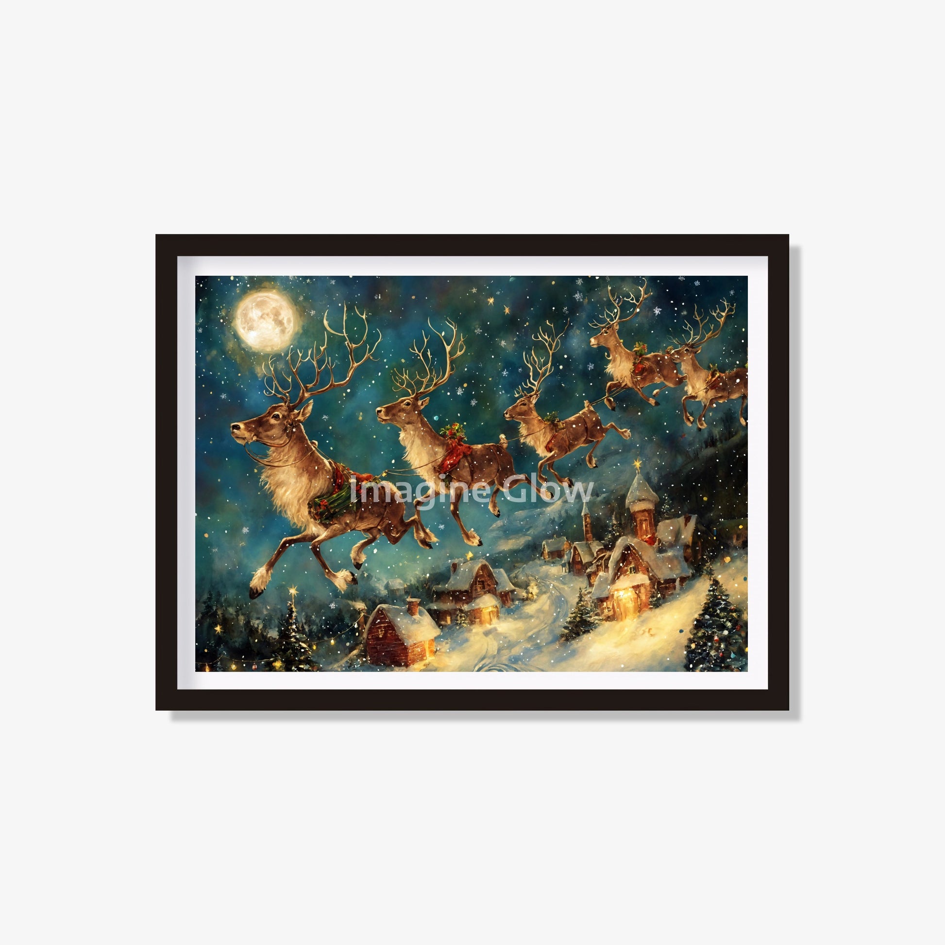 Christmas reindeers art print featuring festive reindeers in a winter scene.