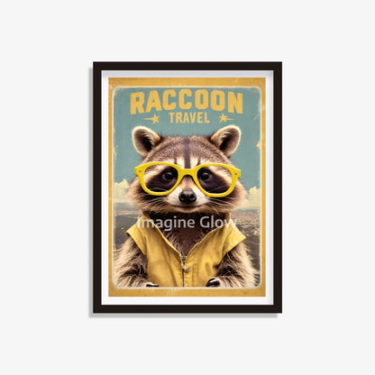 Printable retro travel poster featuring a raccoon in glasses