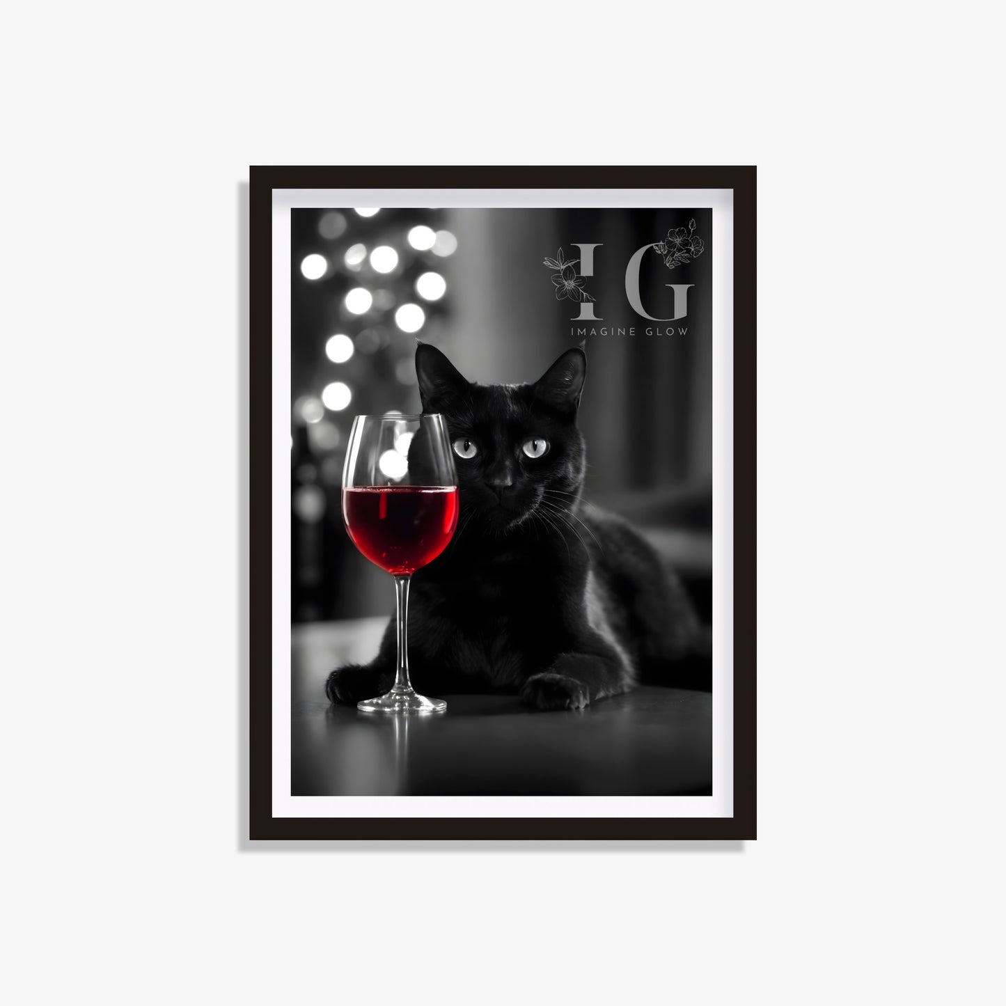 Cat with red wine humorous art print for a playful animal-themed wall decor.