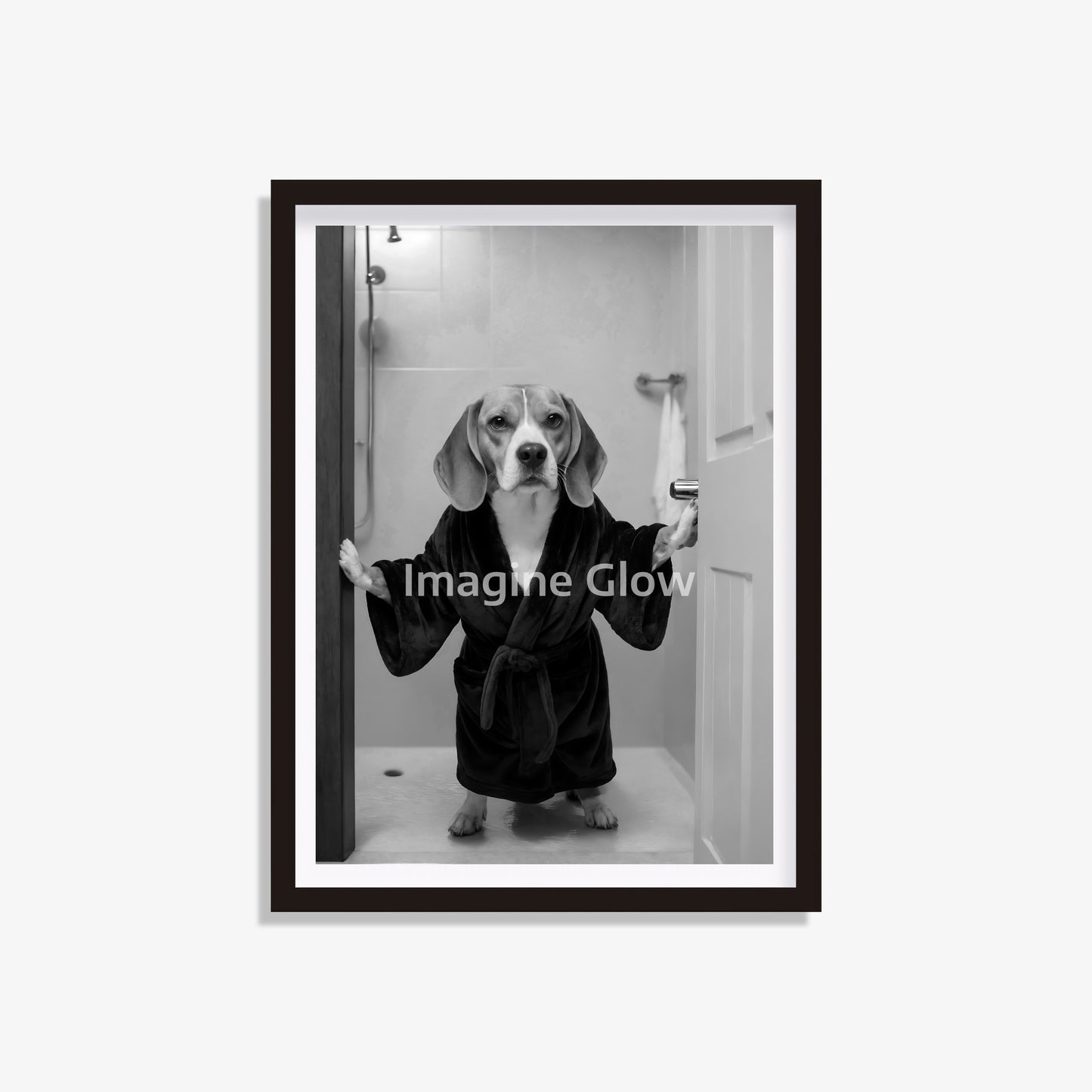 Printable wall art featuring a Beagle dog in a bathrobe for bathroom decor.