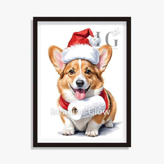 Welsh Corgi dog in toilet Christmas printable art for bathroom decor.