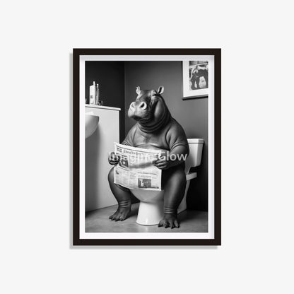 Hippo reading newspaper in toilet printable featuring a humorous scene