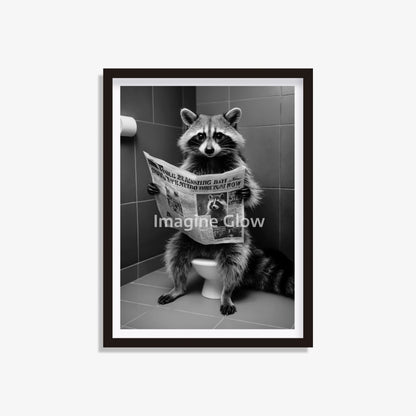 Raccoon reading newspaper in the toilet printable for quirky bathroom decor