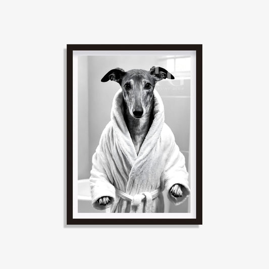 Greyhound dog in bathrobe printable with a funny, cozy dog illustration