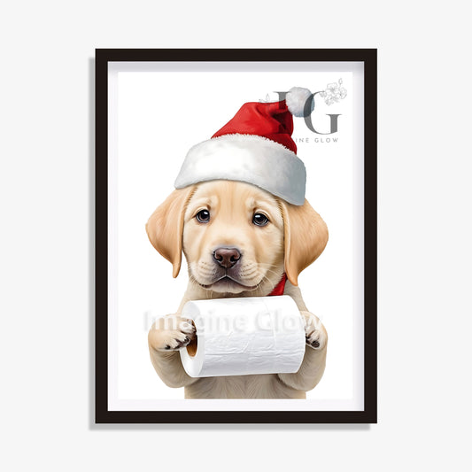 Golden Retriever puppy in toilet Christmas printable art for bathroom decor.