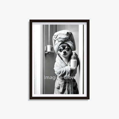 Printable bathroom wall art featuring a Chihuahua dog in a bathroom setting