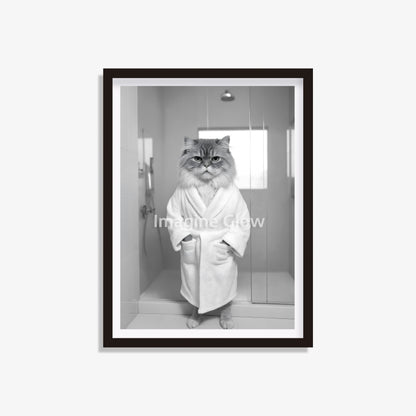 Persian cat in a bathrobe, funny bathroom wall art