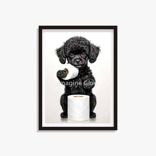 Printable bathroom wall art featuring a Black Poodle dog in the toilet.