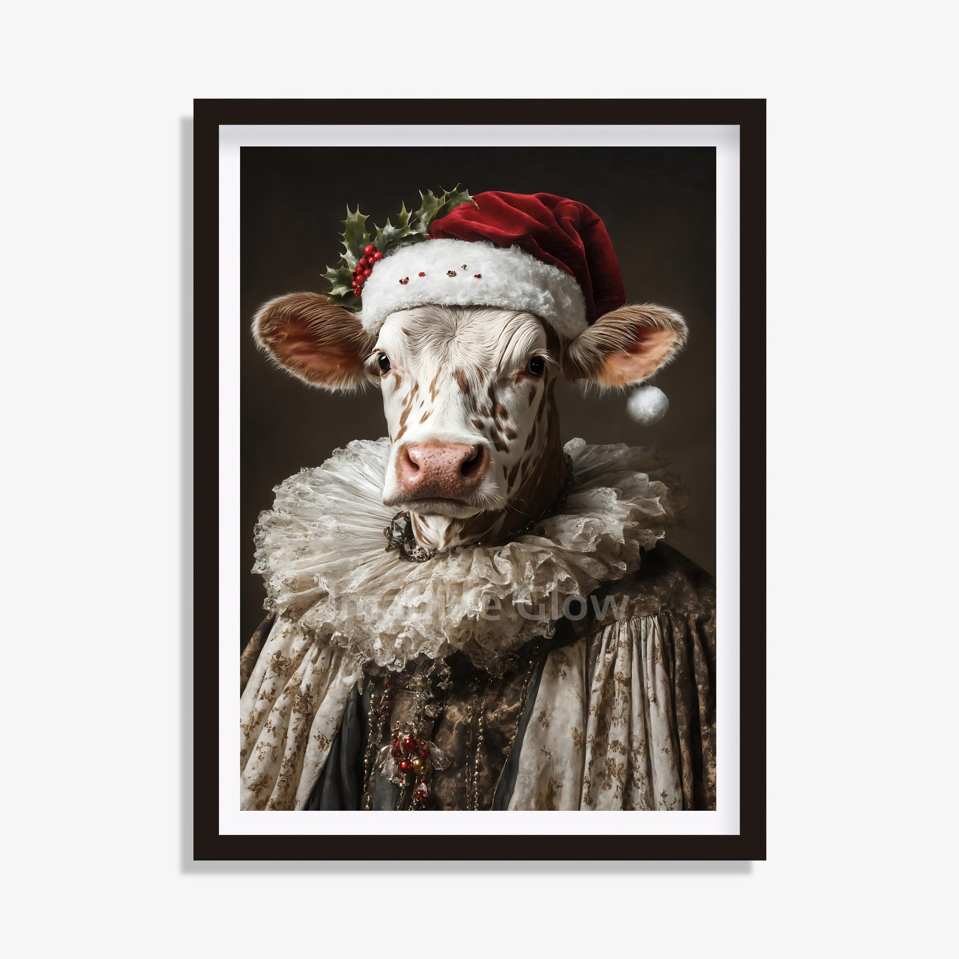 Renaissance Cow Portrait showcasing a festive Christmas theme.