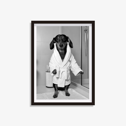 Dachshund in bathrobe printable featuring a playful illustration