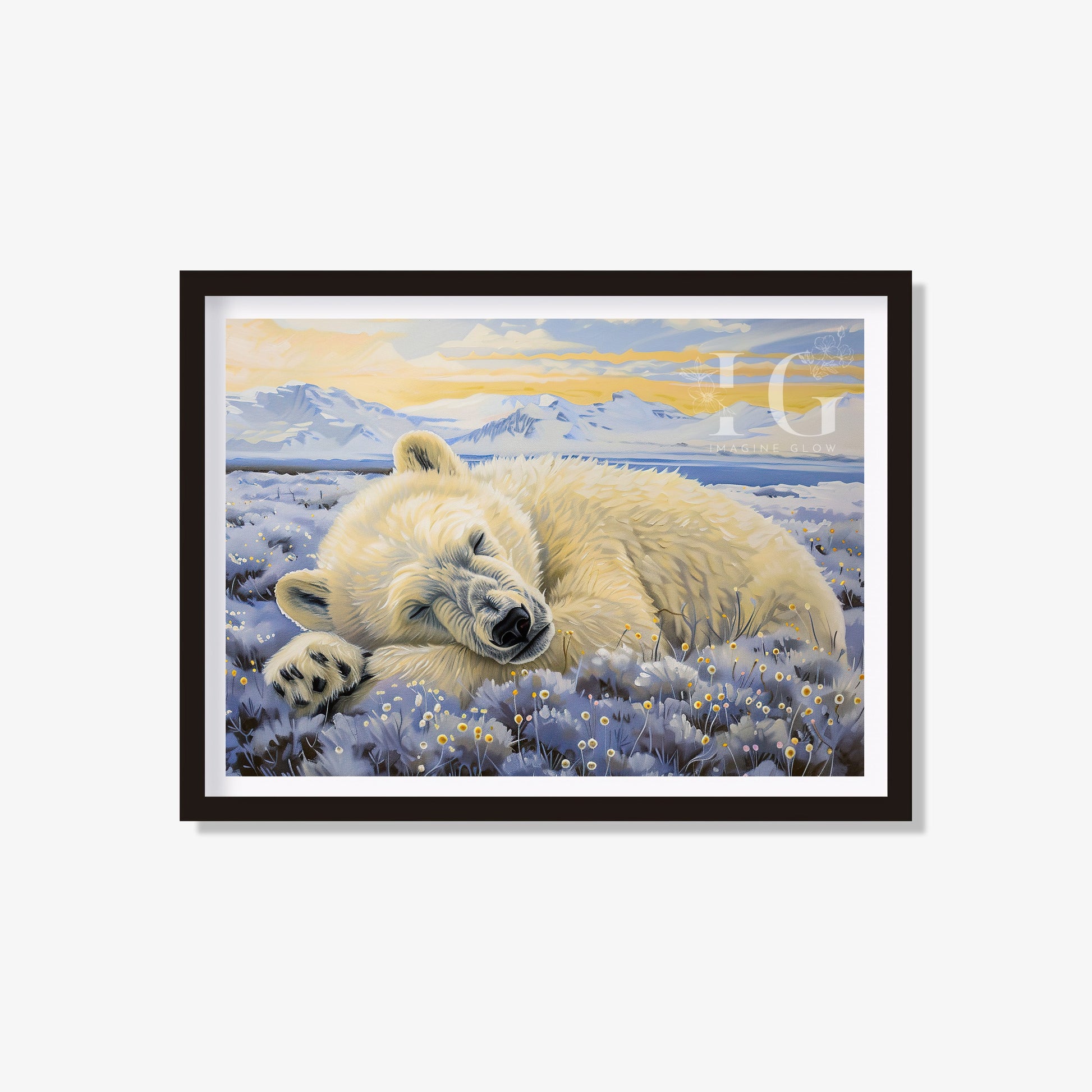 Polar bear in purple flower fields art print for wall decor