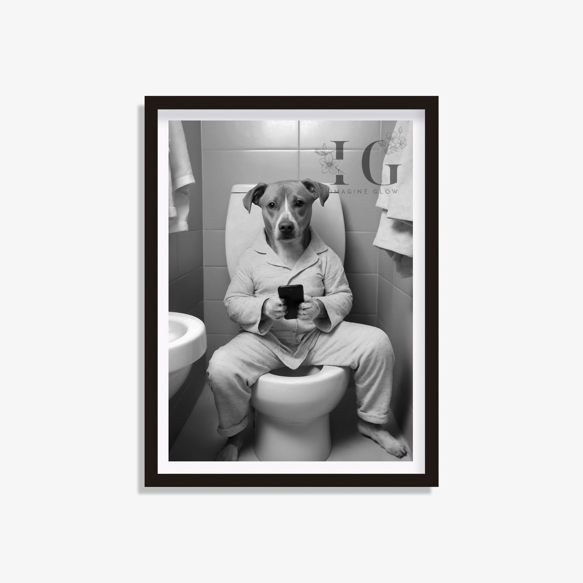 Dog playing on phone in toilet printable featuring a funny scene