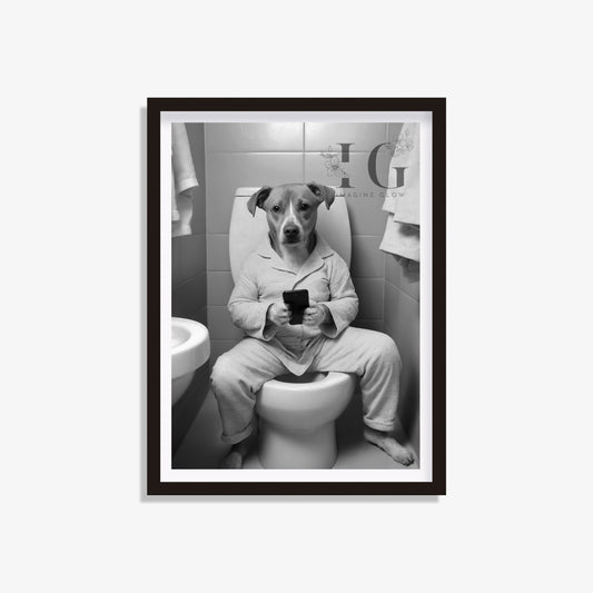 Dog playing on phone in toilet printable featuring a funny scene