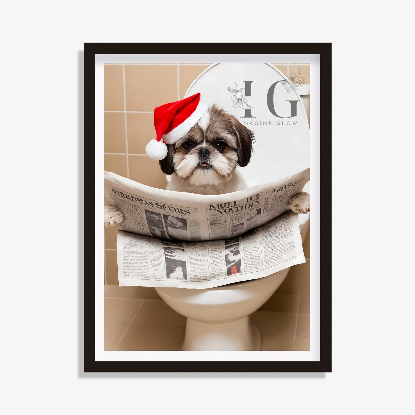 Shih Tzu dog in toilet Christmas printable wall art for bathroom decor.