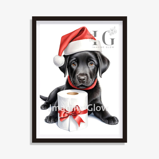 Retriever puppy in toilet Christmas printable art for bathroom decor.