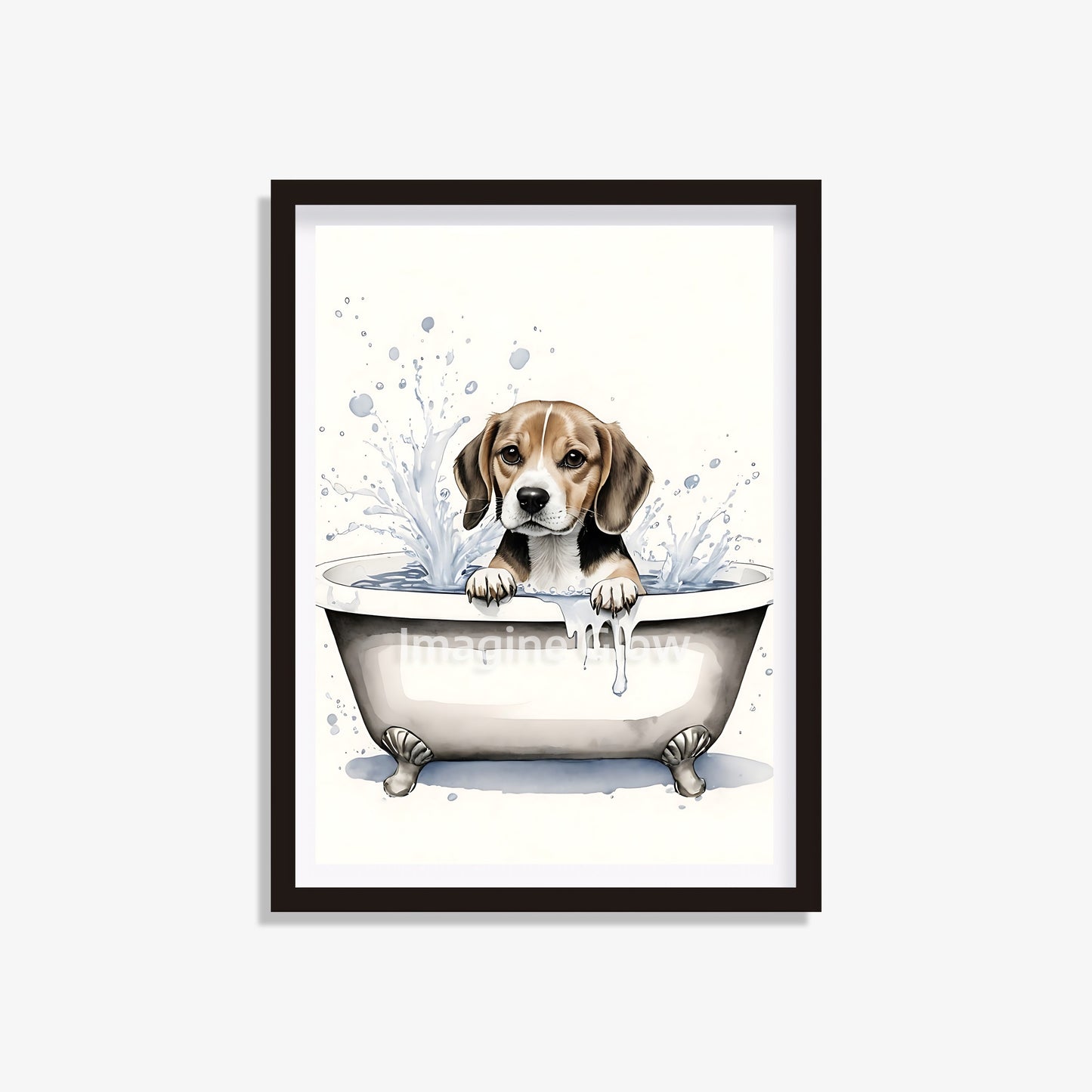 Printable bathroom wall art featuring a Beagle dog in a bathtub.