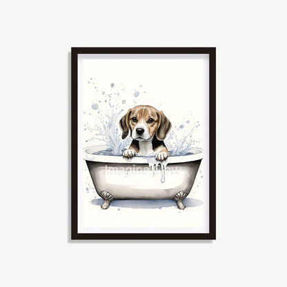 Printable bathroom wall art featuring a Beagle dog in a bathtub.