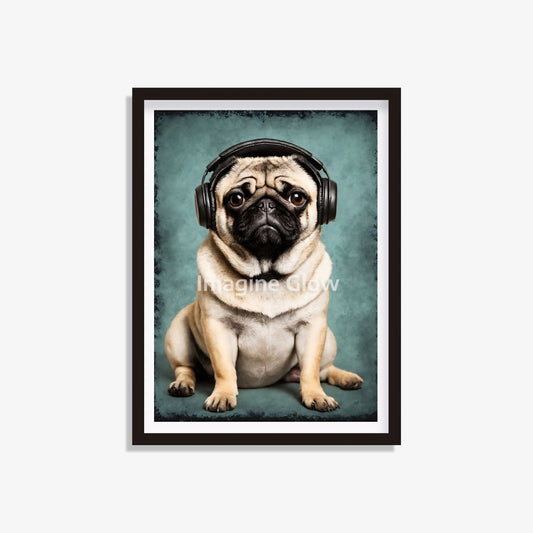 Pug listening to music art print with headphones