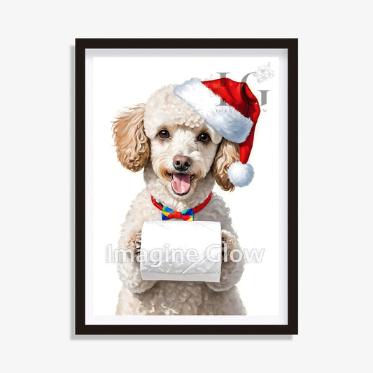 Poodle dog in toilet Christmas printable art for bathroom decor.