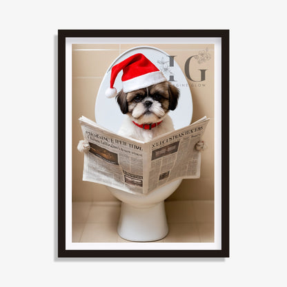 Shih Tzu dog in toilet Christmas printable wall art for bathroom decor.