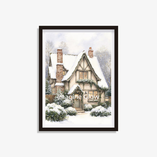 Charming wall art of a cottage in a snowy landscape