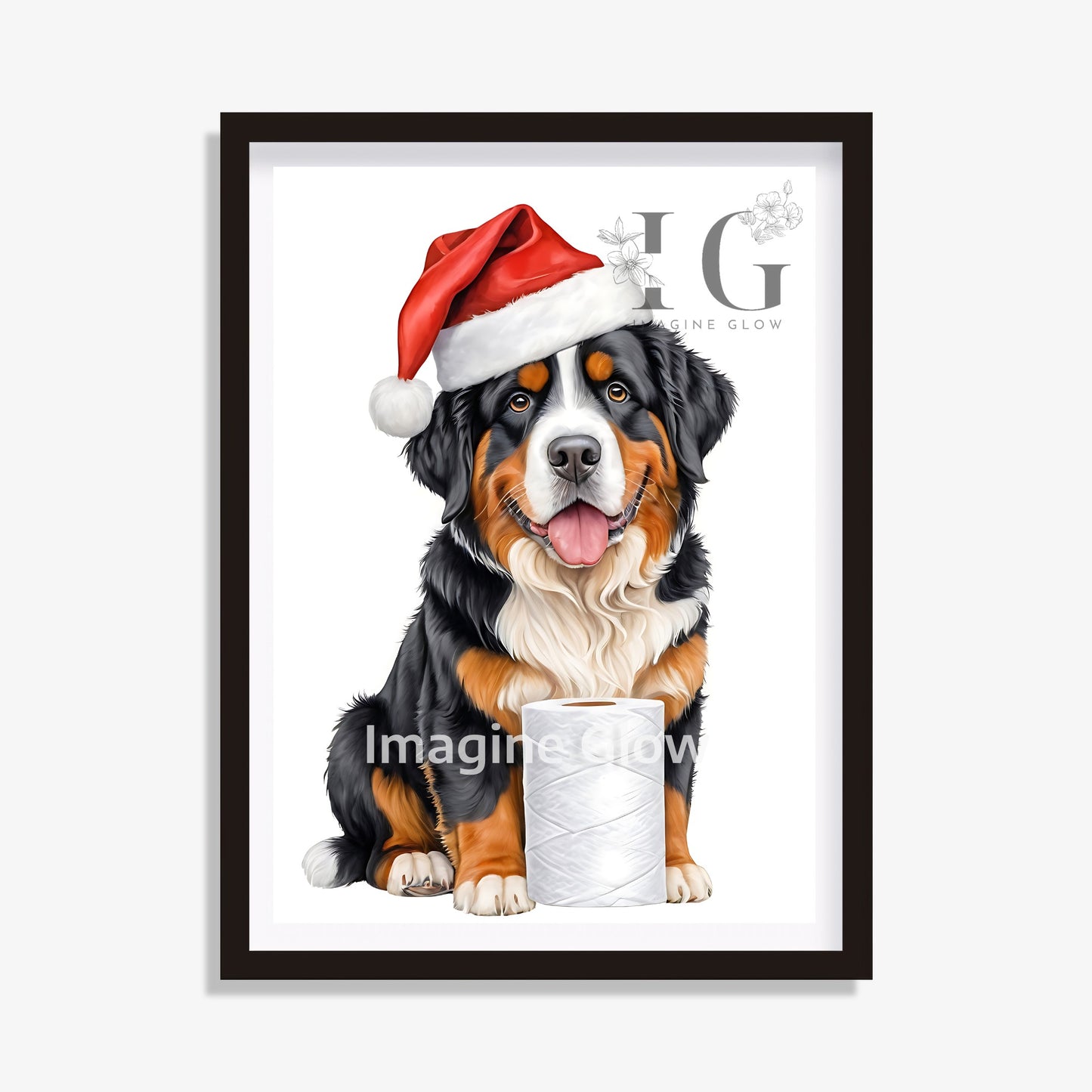 Bernese Mountain Dog in toilet Christmas printable art for bathroom decor.