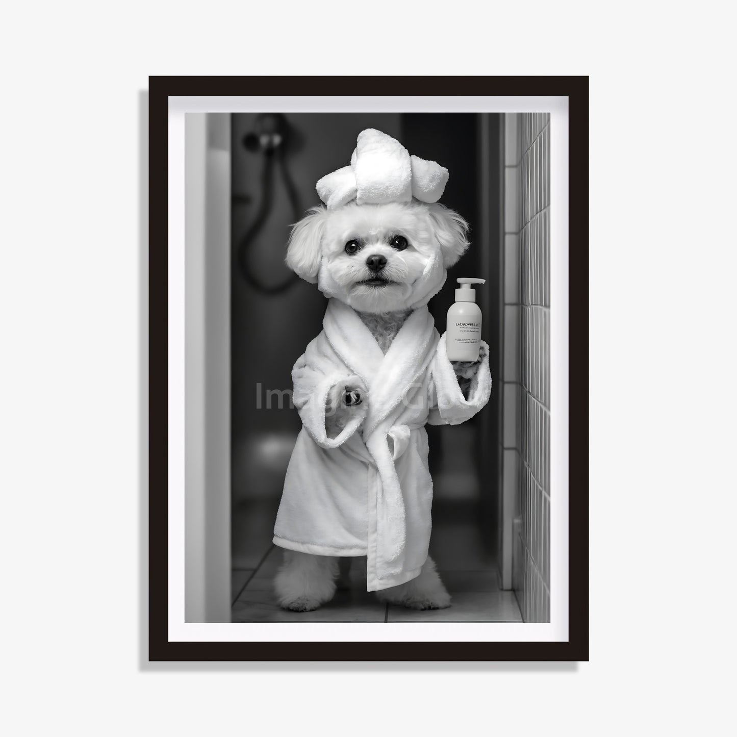 Printable bathroom wall art featuring a Bichon Frise dog in a bathrobe.