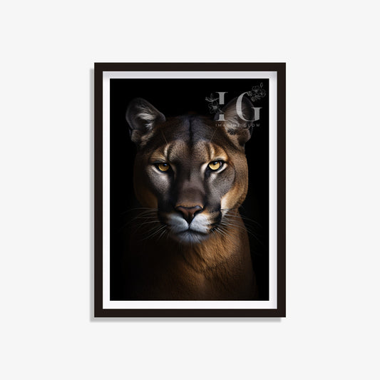 Printable mountain lion art featuring a moody portrait