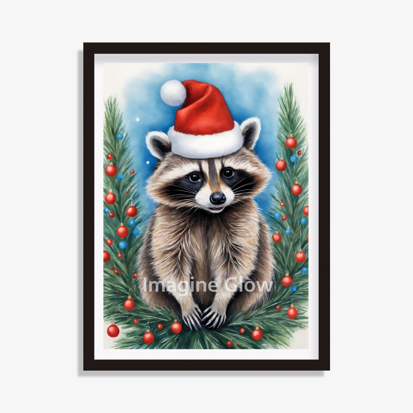 Christmas Raccoon art printable featuring a raccoon in a snowy winter scene.