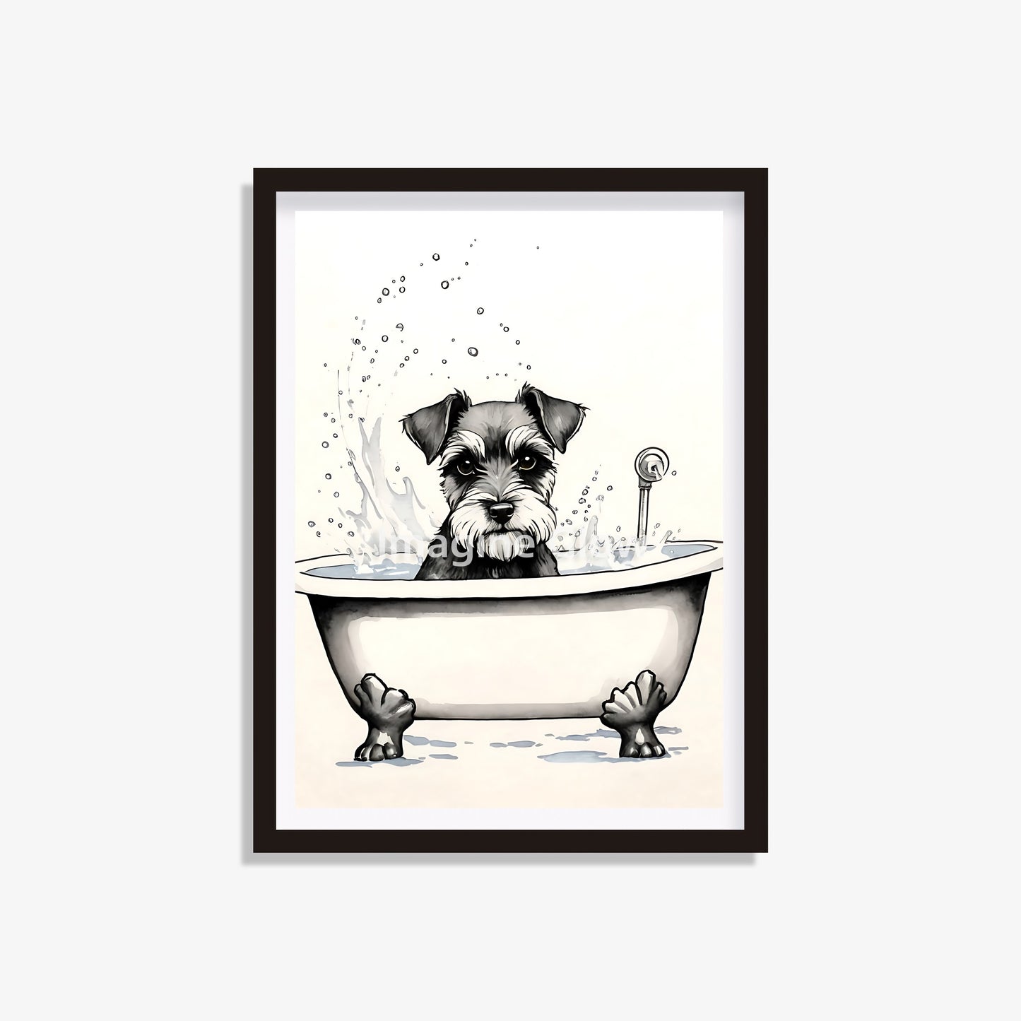 Schnauzer dog in bathtub printable featuring a playful design