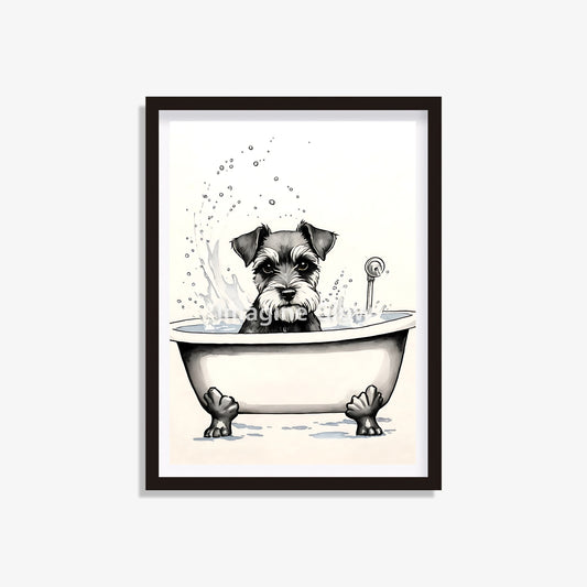 Schnauzer dog in bathtub printable featuring a playful design