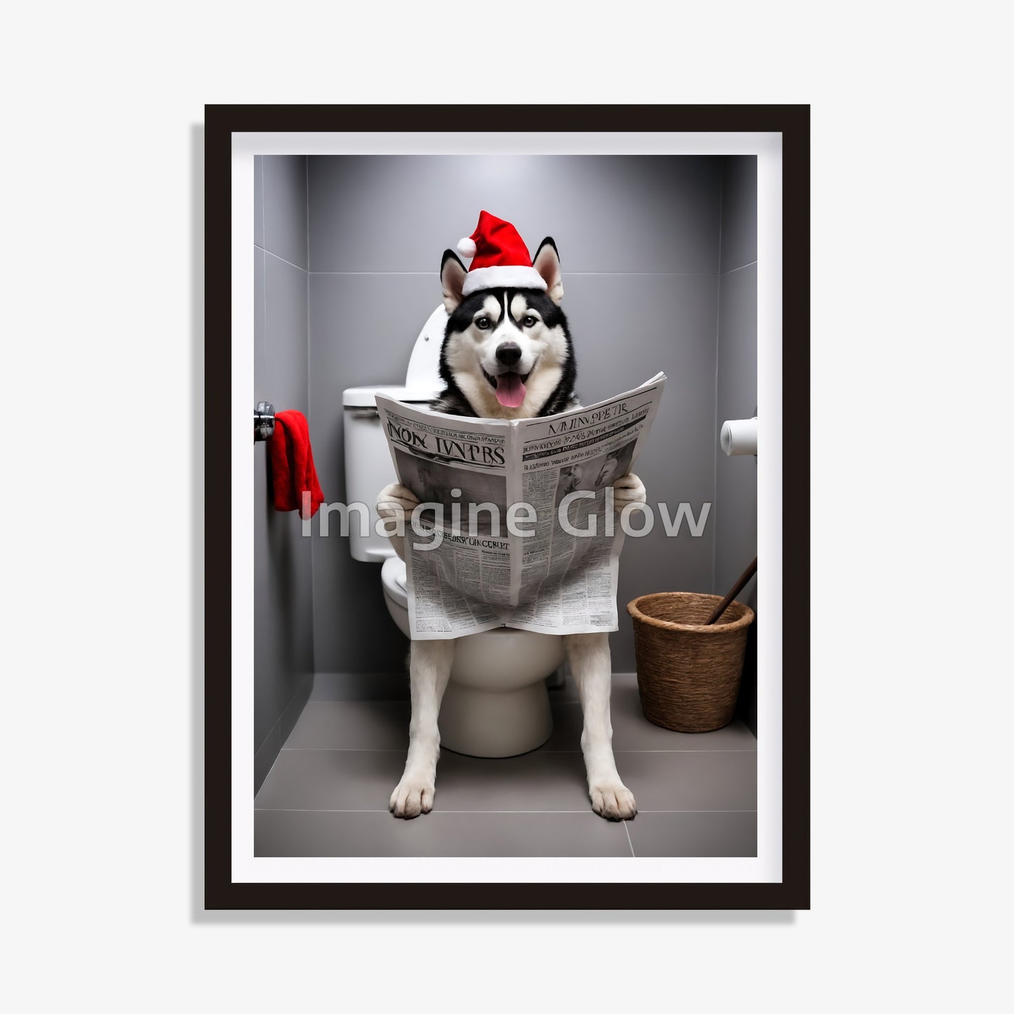 Festive Christmas bathroom art featuring a playful Siberian Husky in a toilet scene.