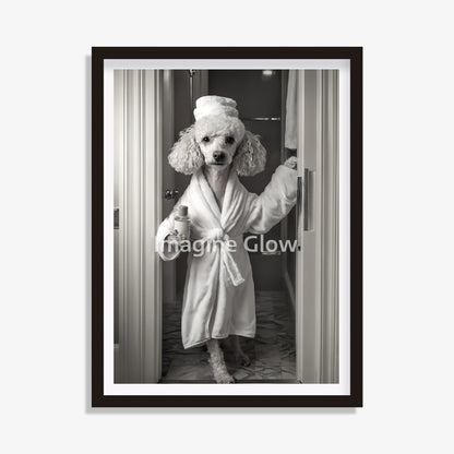 Poodle dog in toilet black and white artwork.
Funny Poodle bathroom decor printable.
