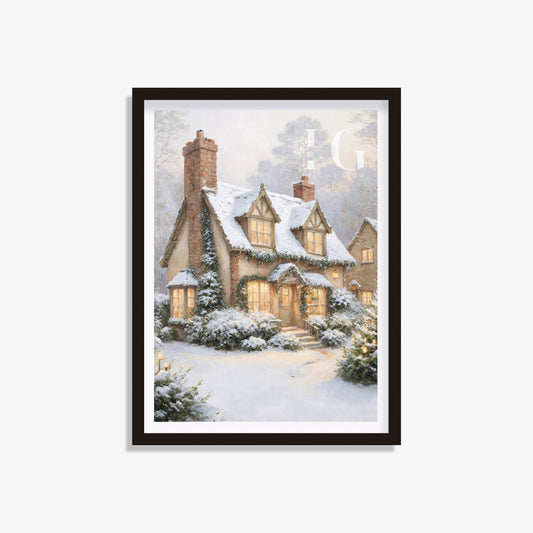 Snowy Cottage Art Print - Printable Winter Wall Decor for Cozy Seasonal Vibes