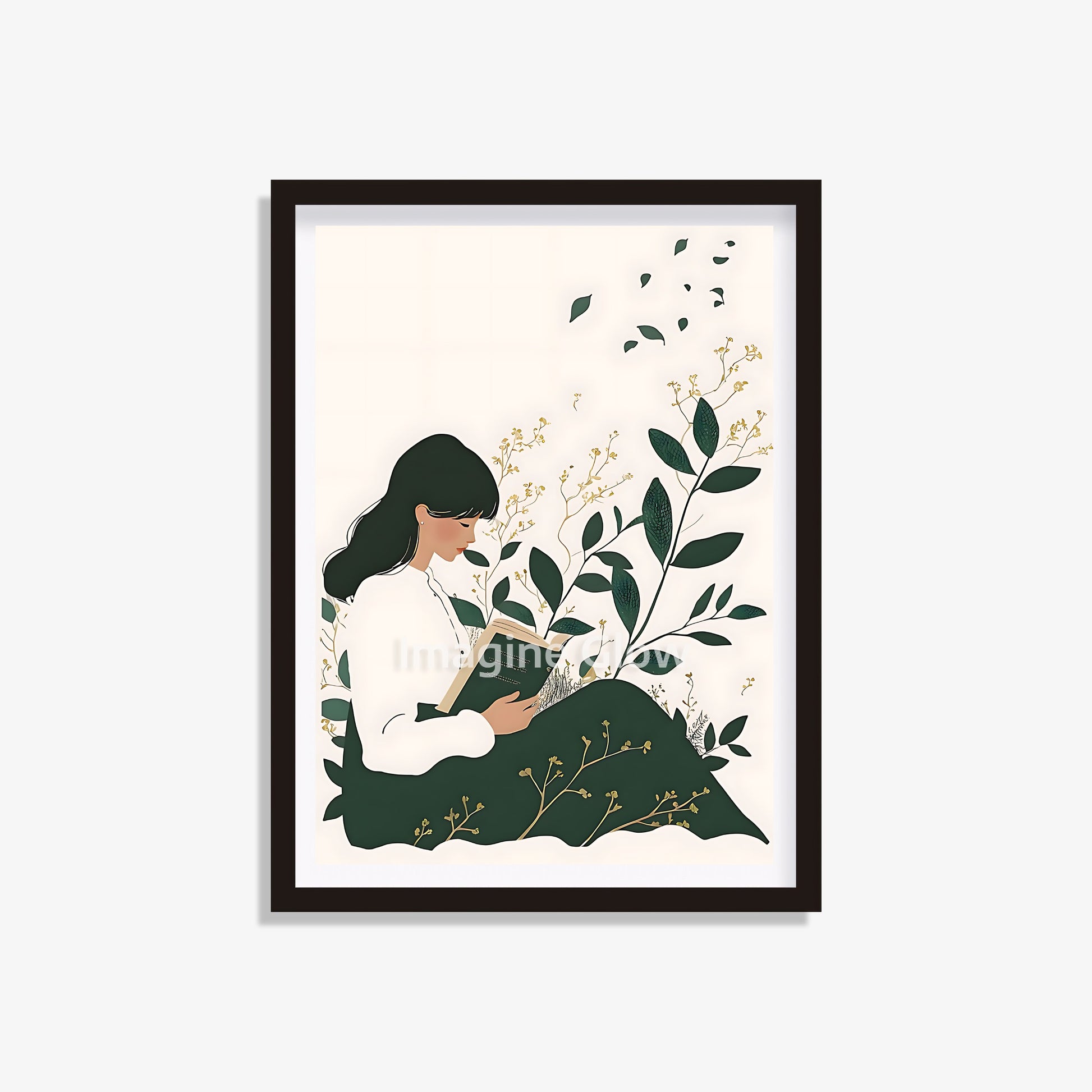 Serene woman reading print for reading nook decor