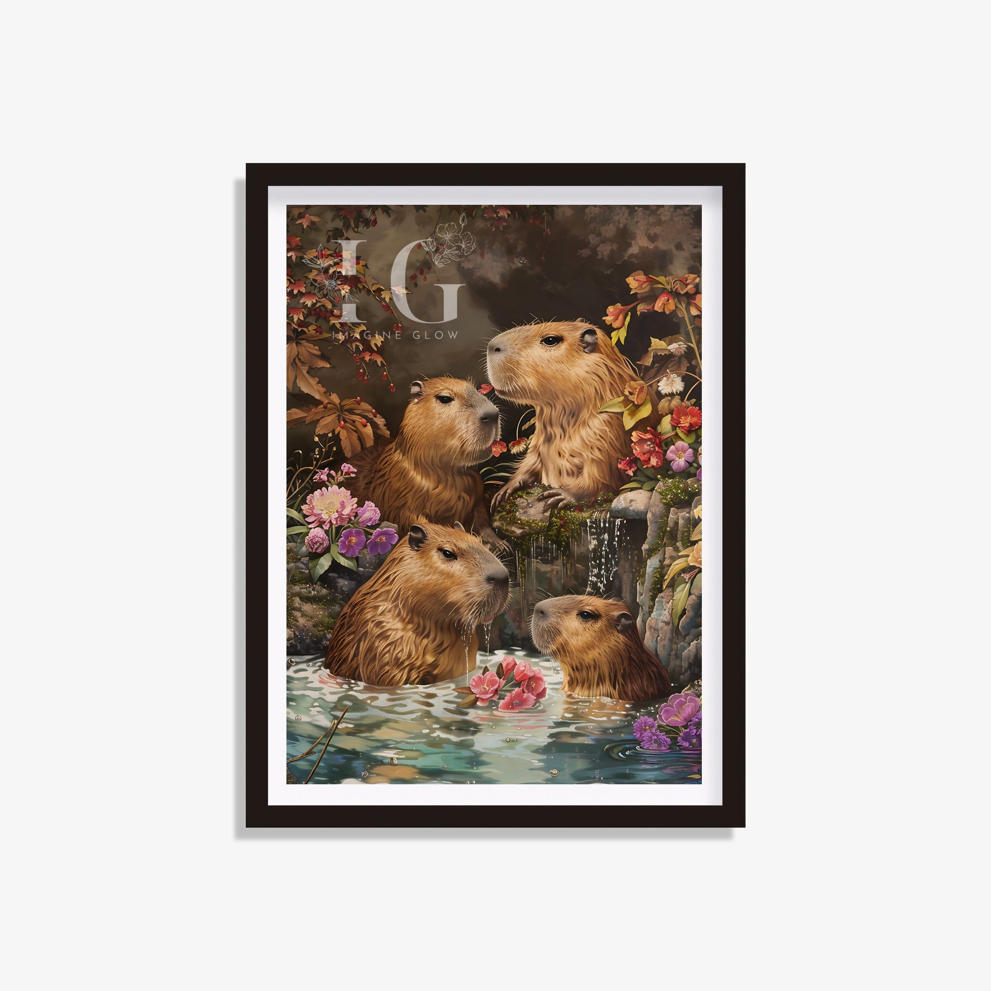 Capybaras in an onsen illustration, ideal for adding a Japanese flair to your bathroom decor.