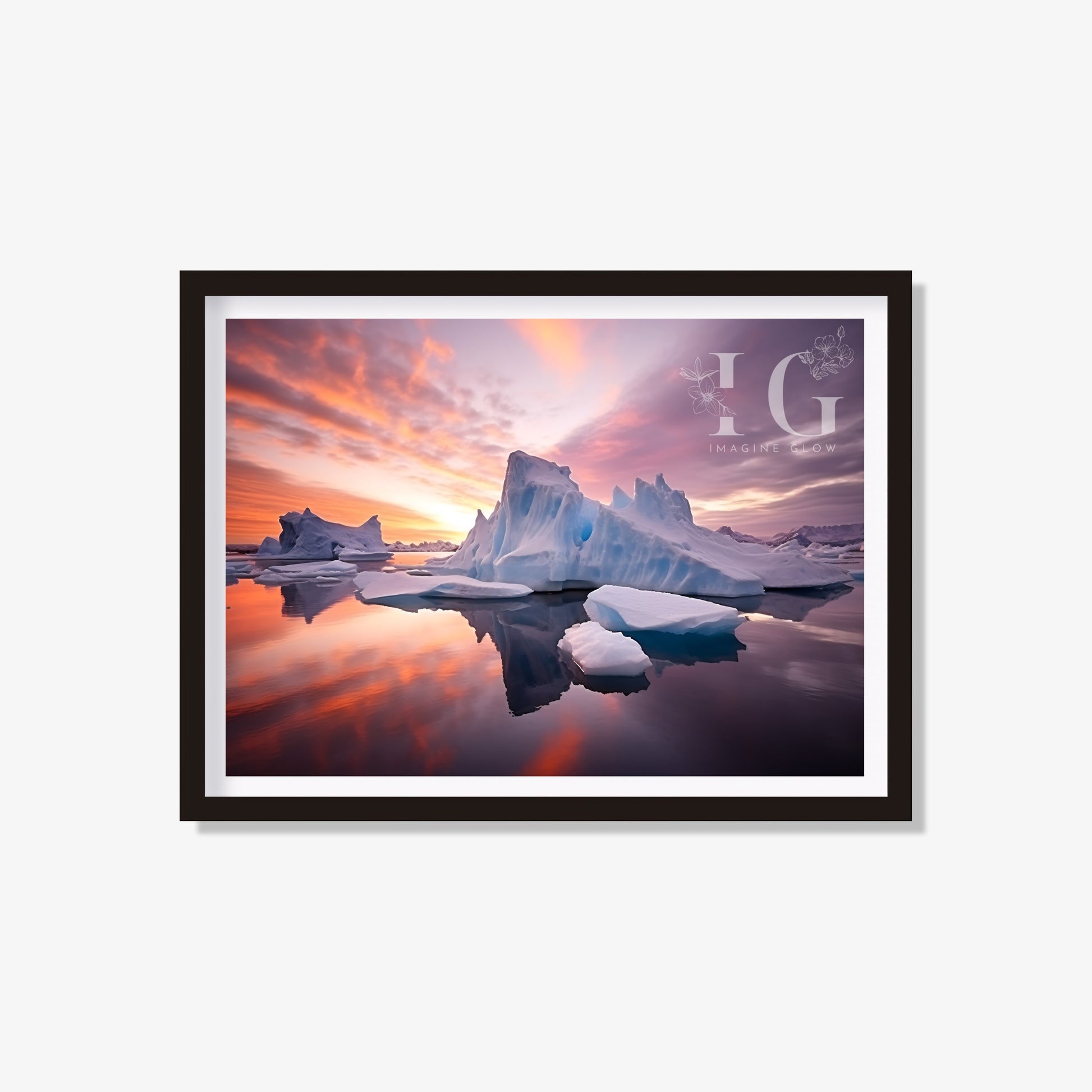 Printable iceberg at sunset art with serene warm hues