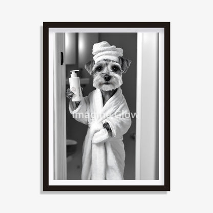 Miniature Schnauzer dog in toilet black and white artwork.
Funny Miniature Schnauzer bathroom decor printable
