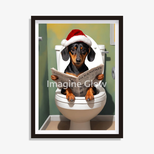 Dachshund in toilet Christmas printable wall art for bathroom decor.