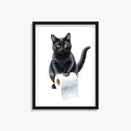 Printable bathroom wall art featuring a black cat in the toilet.