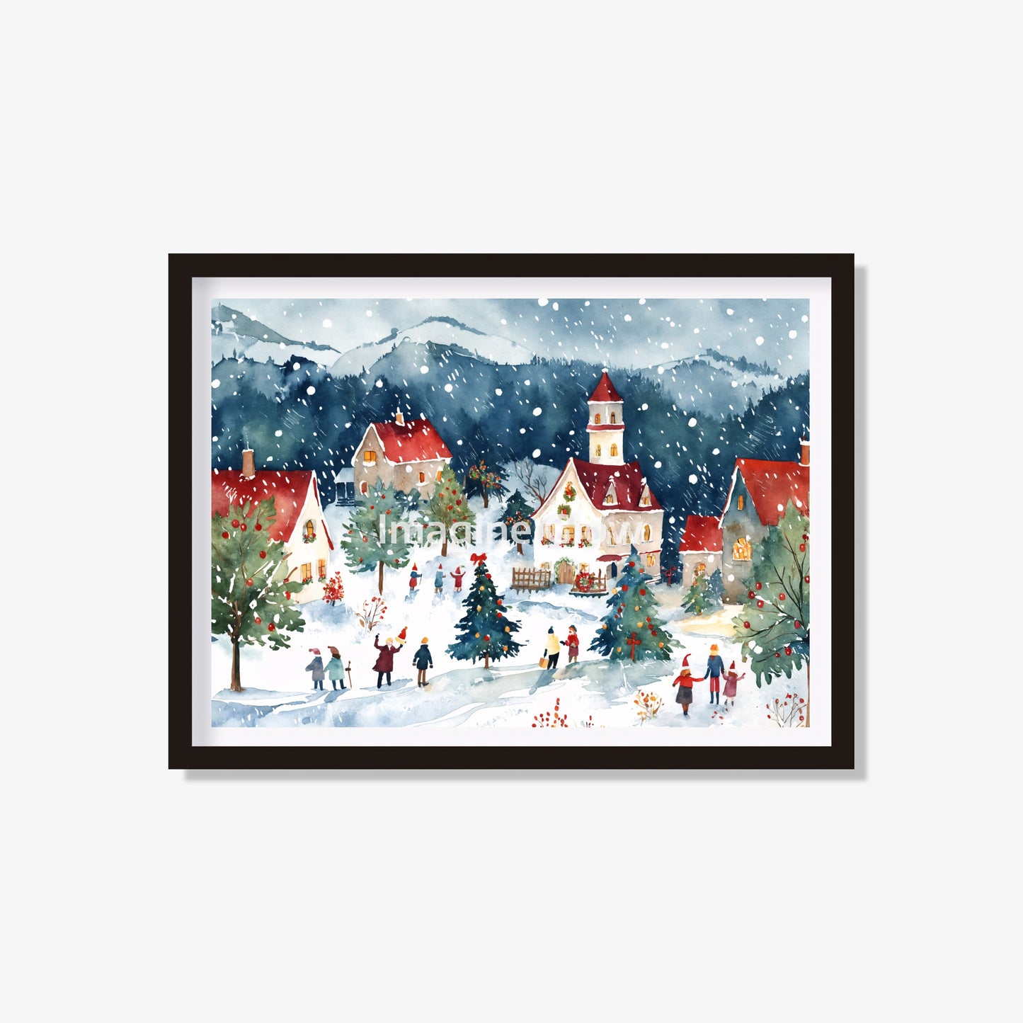 Charming Christmas village scene, perfect for festive winter wall decor