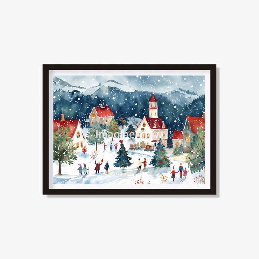 Charming Christmas village scene, perfect for festive winter wall decor