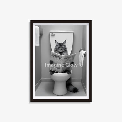 Maine Coon cat reading a newspaper on the toilet, funny bathroom wall art