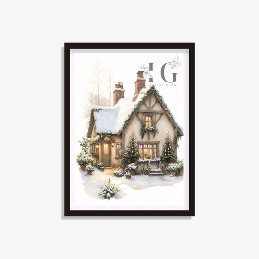 Printable snowy cottage art print for winter wall decor