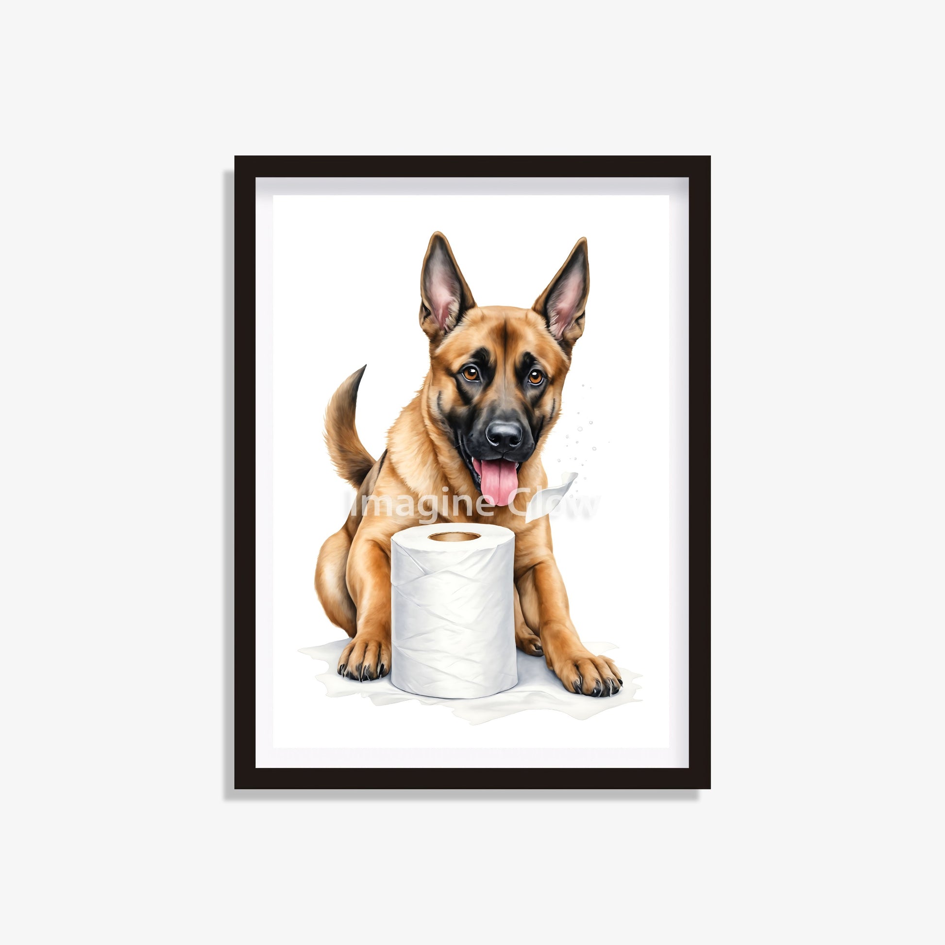 Printable bathroom wall art featuring a Belgian Malinois dog in a toilet.