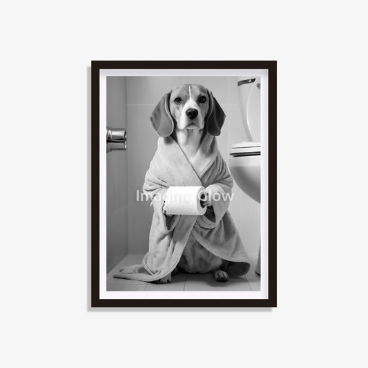 Printable bathroom wall art featuring a Beagle dog in a bathrobe.