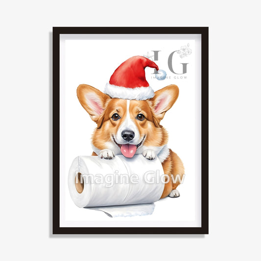 Welsh Corgi dog in toilet Christmas printable art for bathroom decor.