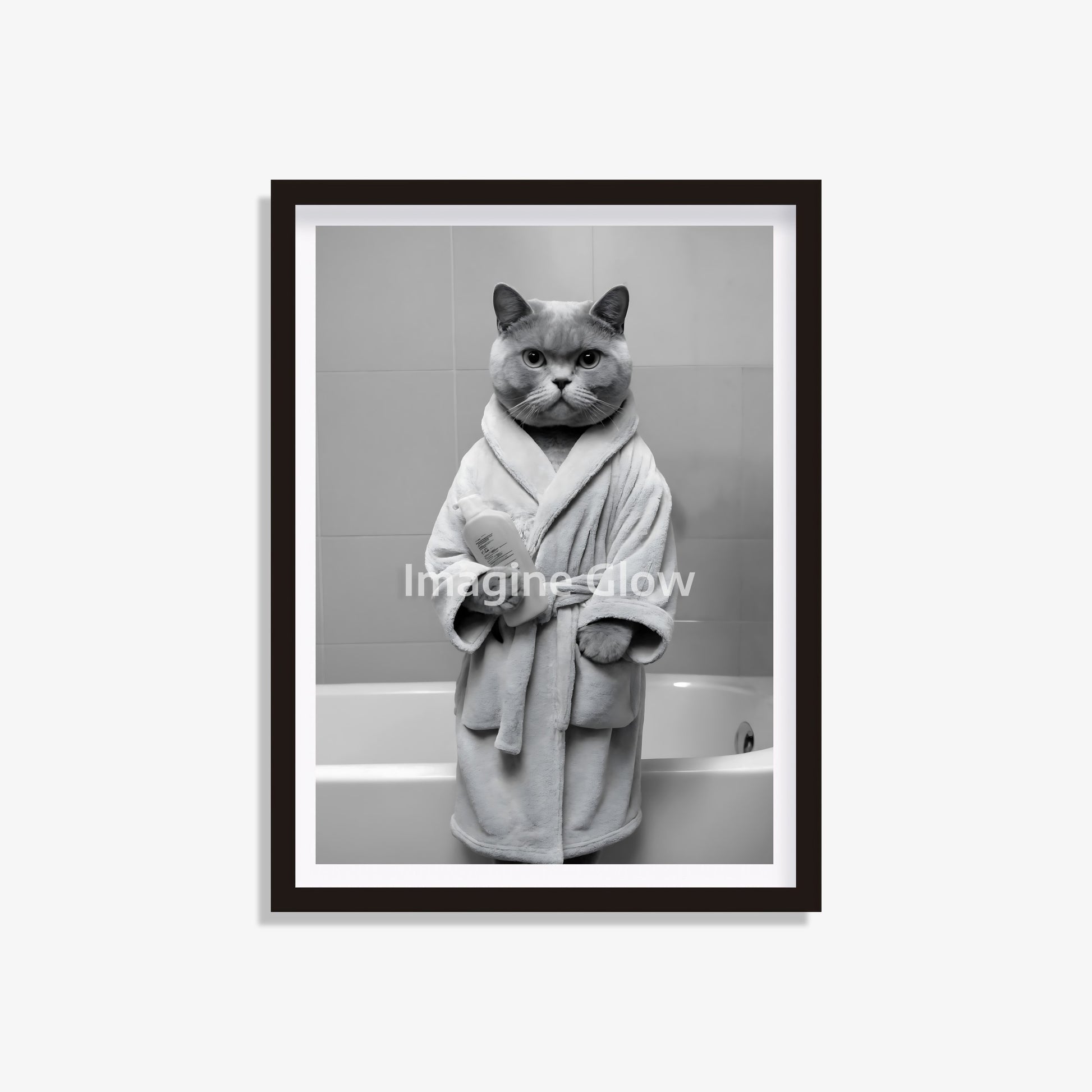 Printable wall decor showing a British Shorthair cat in a bathrobe.